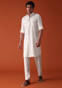 Daisy White Pathani Kurta Set In Terry Rayon