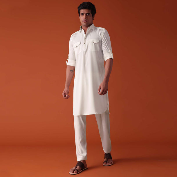 Daisy White Pathani Kurta Set In Terry Rayon