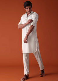 Daisy White Pathani Kurta Set In Terry Rayon