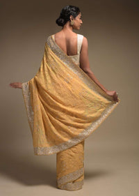 Dandelion Yellow Saree In Georgette Adorned With Lucknowi Thread Embroidery In Floral Jaal Online - Kalki Fashion