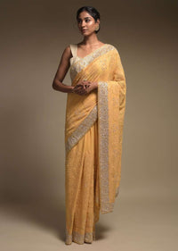 Dandelion Yellow Saree In Georgette Adorned With Lucknowi Thread Embroidery In Floral Jaal Online - Kalki Fashion
