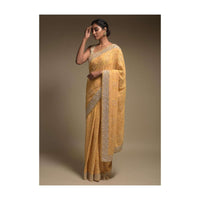 Dandelion Yellow Saree In Georgette Adorned With Lucknowi Thread Embroidery In Floral Jaal Online - Kalki Fashion