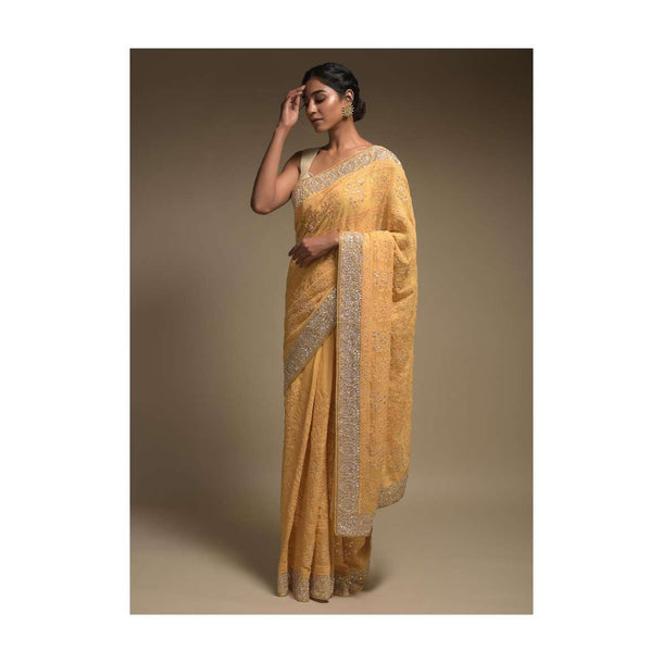 Dandelion Yellow Saree In Georgette Adorned With Lucknowi Thread Embroidery In Floral Jaal Online - Kalki Fashion