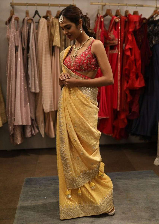 Dandelion Yellow Saree In Georgette With Weaved Floral Buttis And Gotta Patch Embroidery Online - Kalki Fashion