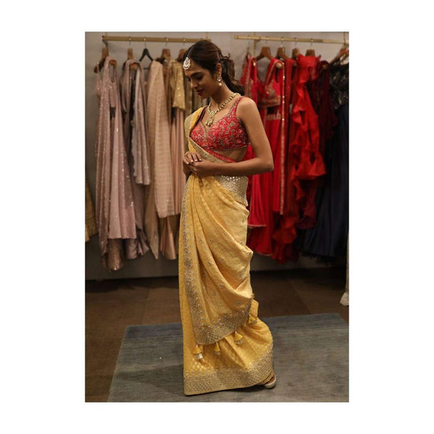 Dandelion Yellow Saree In Georgette With Weaved Floral Buttis And Gotta Patch Embroidery Online - Kalki Fashion