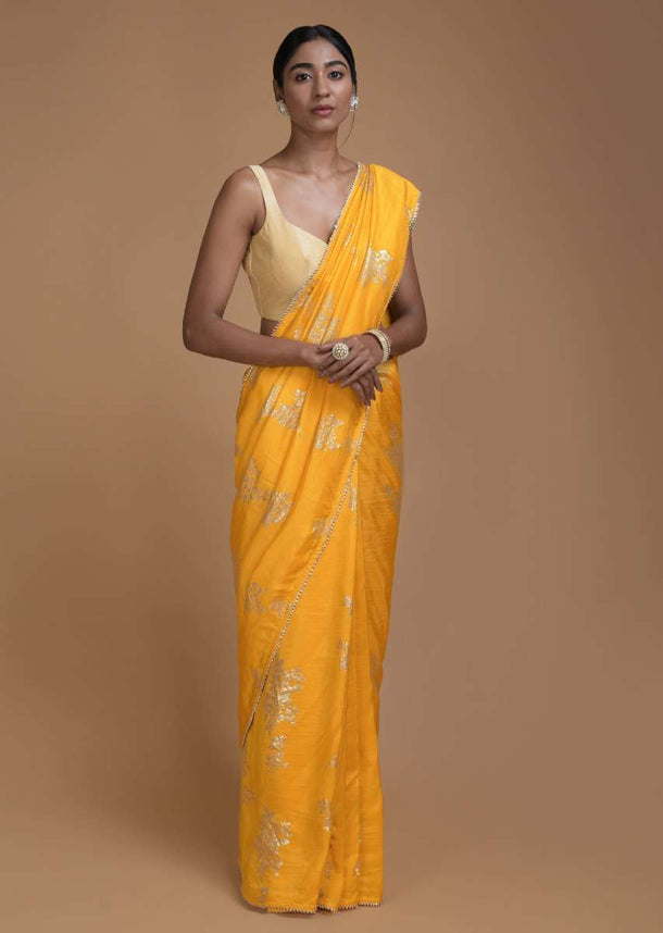 Dandelion Yellow Saree In Silk With Weaved Floral Motifs In Repeat Pattern