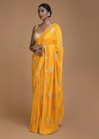 Dandelion Yellow Saree In Silk With Weaved Floral Motifs In Repeat Pattern