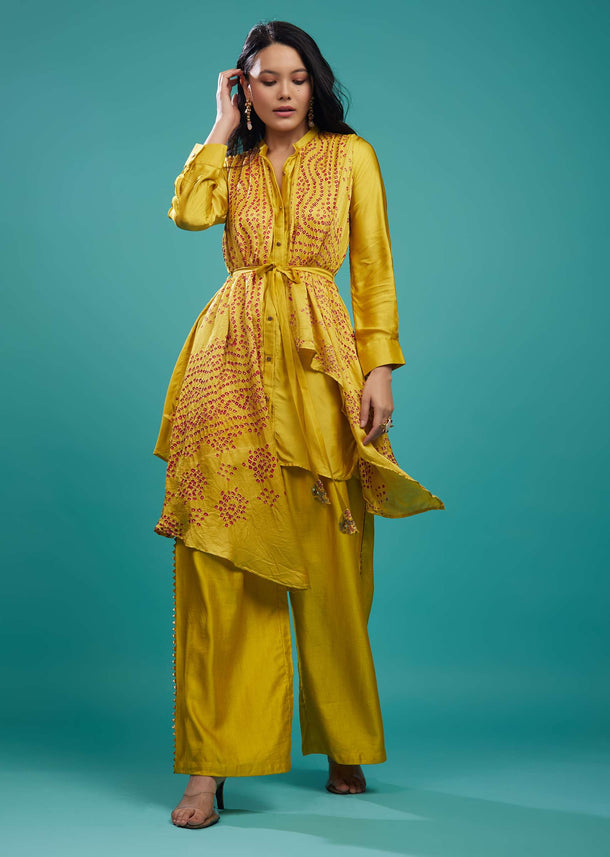 Ocher Yellow Bandhani Top And Palazzo In Gajji Silk