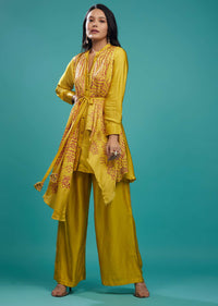 Ocher Yellow Bandhani Top And Palazzo In Gajji Silk