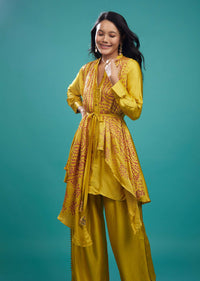 Ocher Yellow Bandhani Top And Palazzo In Gajji Silk
