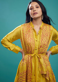 Ocher Yellow Bandhani Top And Palazzo In Gajji Silk