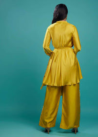 Ocher Yellow Bandhani Top And Palazzo In Gajji Silk