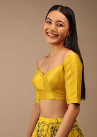 Dandelion Yellow Blouse In Raw Silk With Off Shoulder Half Sleeves And Sweetheart Neckline