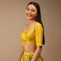 Dandelion Yellow Blouse In Raw Silk With Off Shoulder Half Sleeves And Sweetheart Neckline