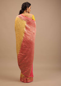 Canary Yellow Traditional Georgette Saree With Contrasting Peach Brocade Border And Jaal Work