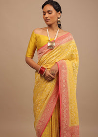 Canary Yellow Traditional Georgette Saree With Orange Brocade Border And Jaal Work