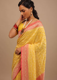 Canary Yellow Traditional Georgette Saree With Orange Brocade Border And Jaal Work