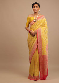 Canary Yellow Traditional Georgette Saree With Orange Brocade Border And Jaal Work