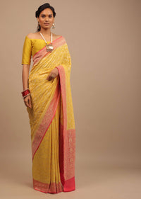 Canary Yellow Traditional Georgette Saree With Orange Brocade Border And Jaal Work