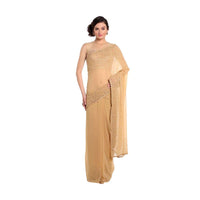 Dark beige saree adorn in gold and silver kundan embroidery only on Kalki