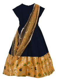 Dark Blue Anarkali Suit In Georgette With Yellow Floral Weaved Hemline By Fayon Kids