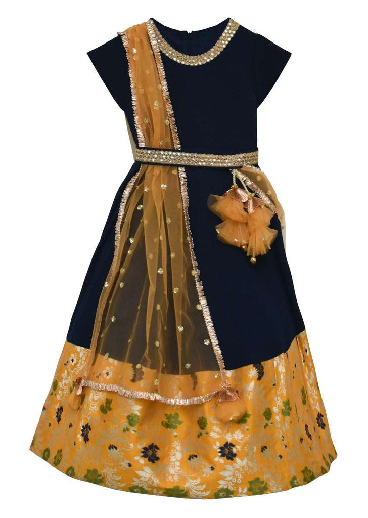 Dark Blue Anarkali Suit In Georgette With Yellow Floral Weaved Hemline By Fayon Kids