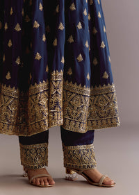 Dark Blue Chinon Zari Embroidered Anarkali Suit With Dupatta
