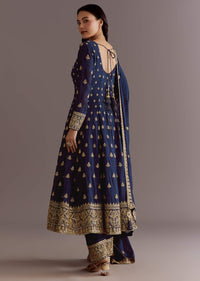 Dark Blue Chinon Zari Embroidered Anarkali Suit With Dupatta