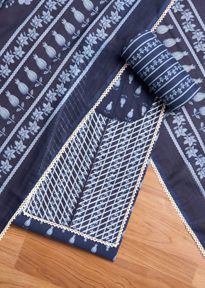 Dark Blue Cotton Printed Unstitched Suit Set