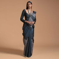 Dark Blue, Green And Silver Saree In Cotton With Striped Print All Over