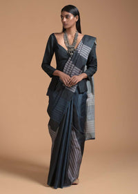 Dark Blue, Green And Silver Saree In Cotton With Striped Print All Over