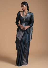 Dark Blue, Green And Silver Saree In Cotton With Striped Print All Over