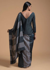 Dark Blue, Green And Silver Saree In Cotton With Striped Print All Over