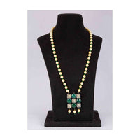 Dark cream pearl necklace with geometric shaped pendant with emerald green bead and kundan stone only on Kalki