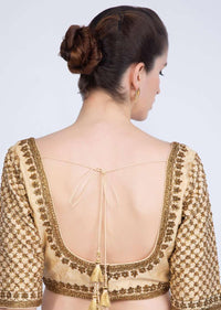 Dark Cream Blouse In Raw Silk With Checks Jaal Embroidered Sleeves Online - Kalki Fashion