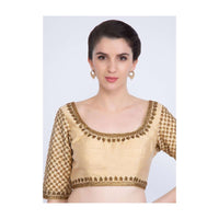 Dark Cream Blouse In Raw Silk With Checks Jaal Embroidered Sleeves Online - Kalki Fashion