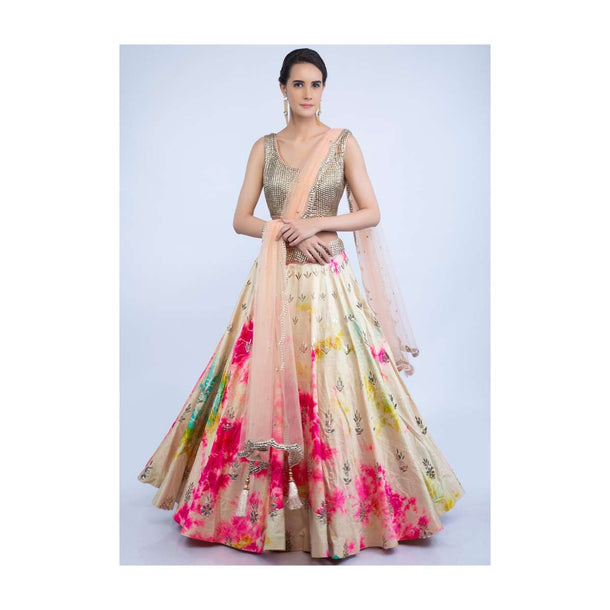 Dark Cream Tie And Dye Lehenga With Metallic Bead Studded Blouse And Peach Net Dupatta Online - Kalki Fashion