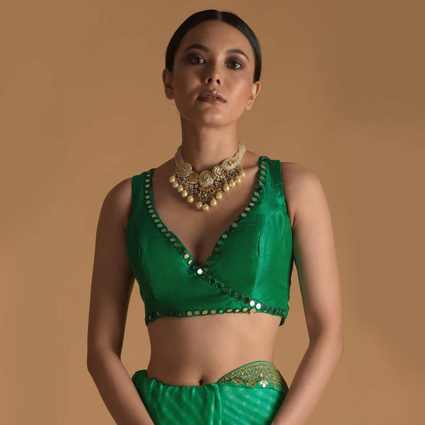 Dark Green Blouse In Raw Silk With Mirror Work And Open Back With Tassel Dori Tie Ups