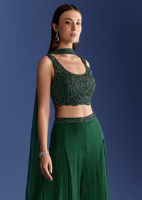 Dark Green Chinon Palazzo Set With Cutdana Croptop And Choker Dupatta