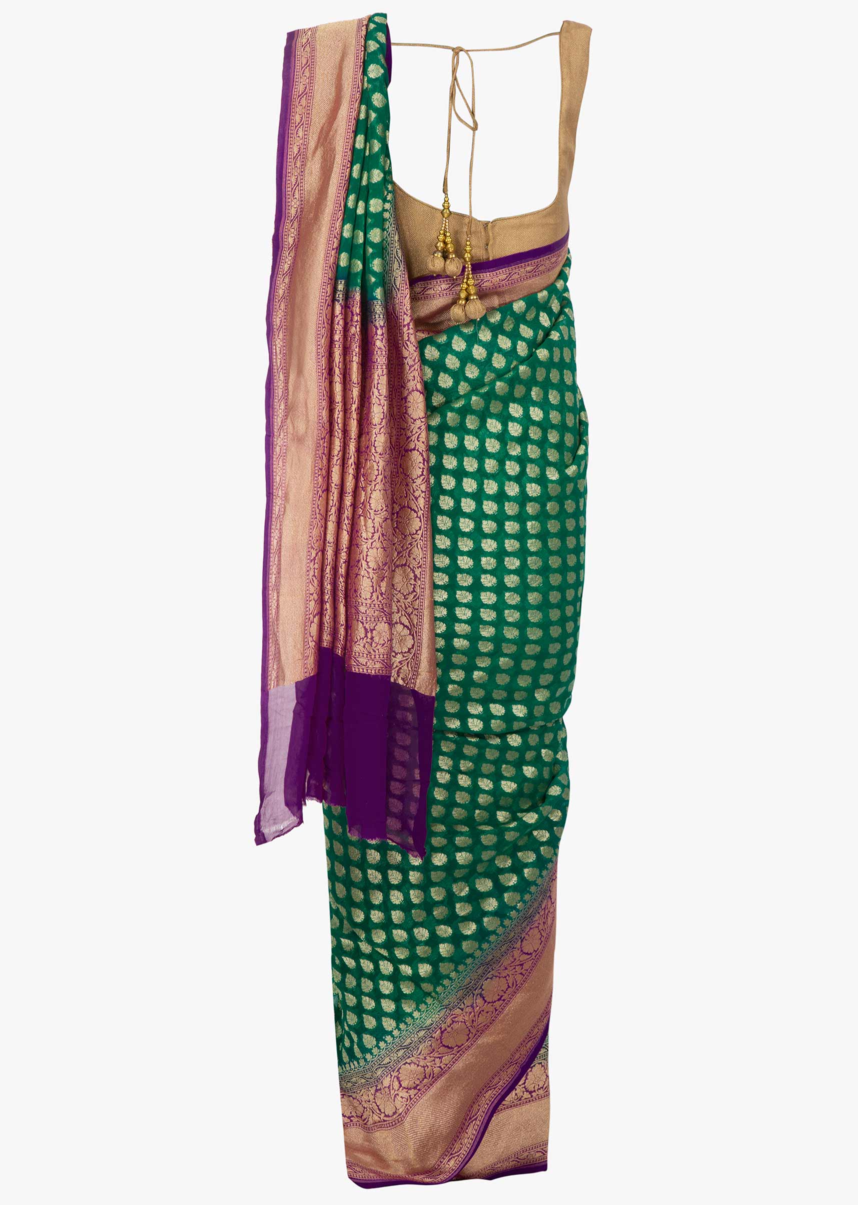 Dark green georgette saree with weaved butt