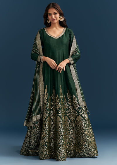 Buy Dark Green Jacquard Silk Anarkali Suit With Festive Jacket Overlay | KALKI FASHION UK Buy Dark Green Jacquard Silk Anarkali Suit With Festive Jacket Overlay | KALKI FASHION UK