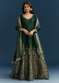 Dark Green Jacquard Silk Anarkali Suit With Festive Dupatta