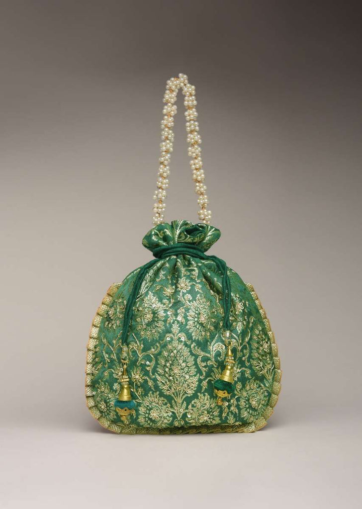 Dark Green Potli Bag In Brocade Silk With Zardosi Embroidery In Floral Design