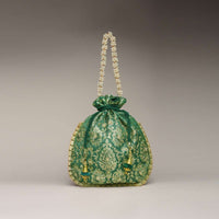 Dark Green Potli Bag In Brocade Silk With Zardosi Embroidery In Floral Design