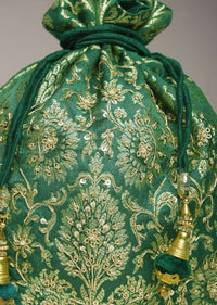 Dark Green Potli Bag In Brocade Silk With Zardosi Embroidery In Floral Design