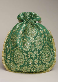 Dark Green Potli Bag In Brocade Silk With Zardosi Embroidery In Floral Design
