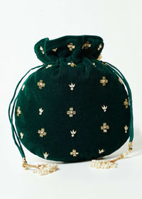 Dark Green Potli Bag In Velvet With Cut Dana And Beads Embroidered Jaal