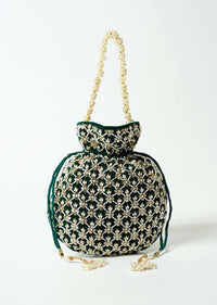 Dark Green Potli Bag In Velvet With Cut Dana And Beads Embroidered Jaal