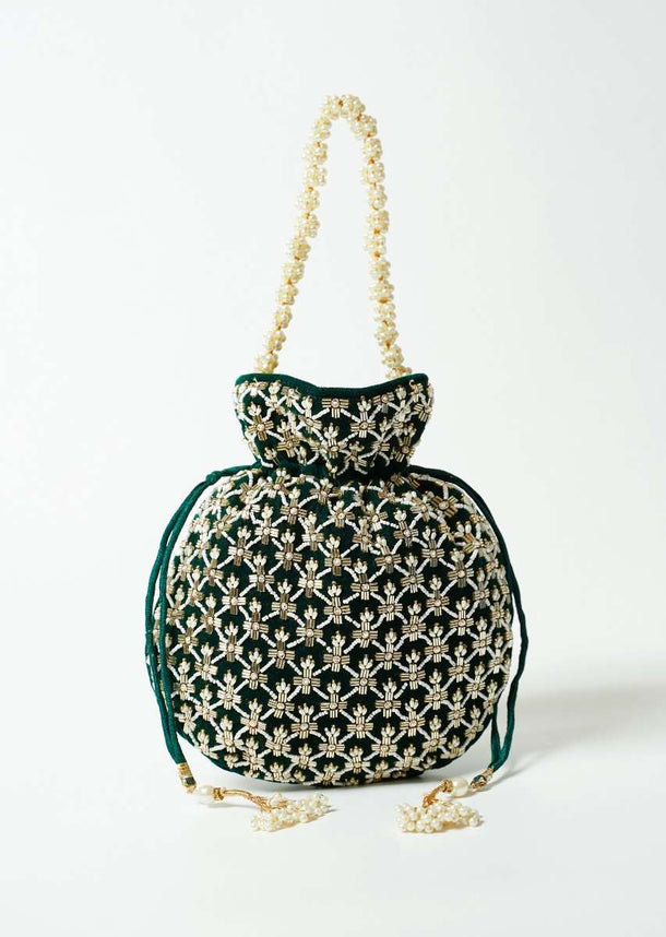 Dark Green Potli Bag In Velvet With Cut Dana And Beads Embroidered Jaal