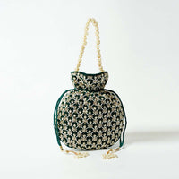 Dark Green Potli Bag In Velvet With Cut Dana And Beads Embroidered Jaal